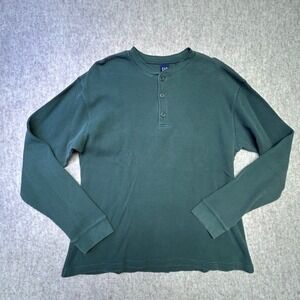 Vintage GAP Mens Long Sleeve Waffle Knit Henley Shirt Green XL Cotton 90s Y2K